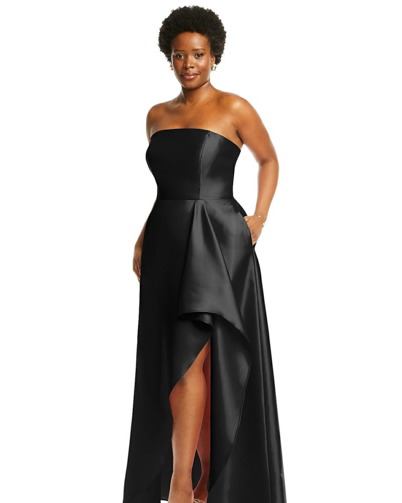 Strapless Satin Gown with Draped Front Slit and Pockets Black